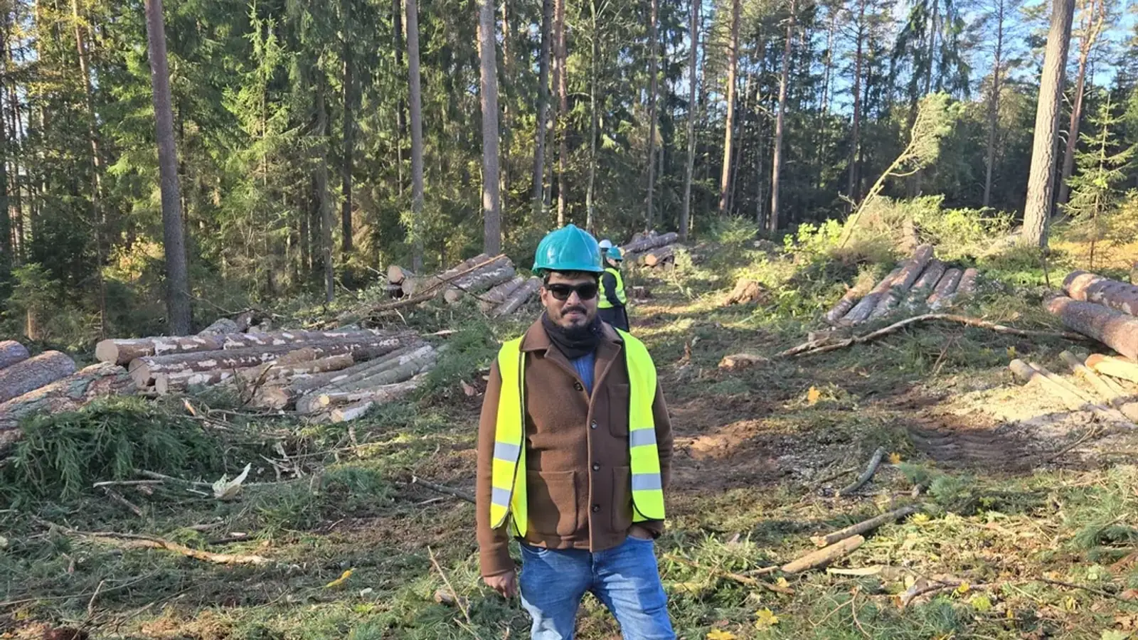 Rashin Hassan on site at a managed forestry operation, reviewing harvested timber stock.